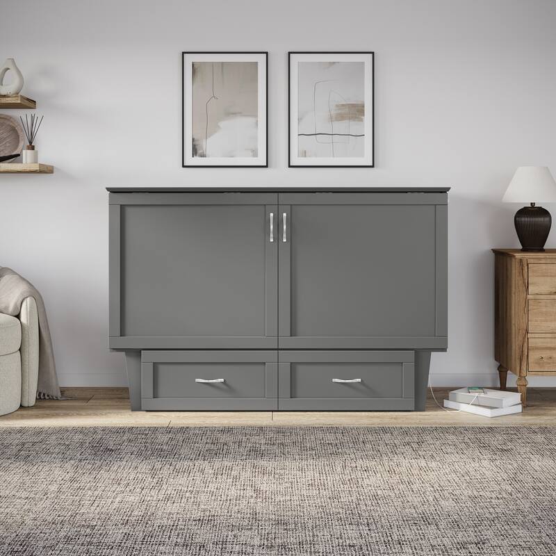 Chelsea Queen Murphy Bed Chest with 6" Mattress, Storage Drawer & Built-In Charger in Grey