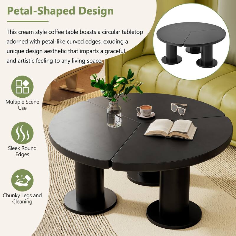 39.4" Round Petal-Shaped Coffee Table with 3 Thick Legs and Sleek Round Edges