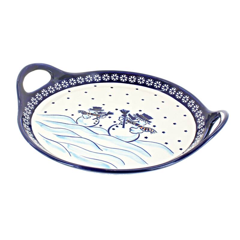 Blue Rose Polish Pottery 1333 Zaklady Round Serving Tray with Handles - Frosty Friend