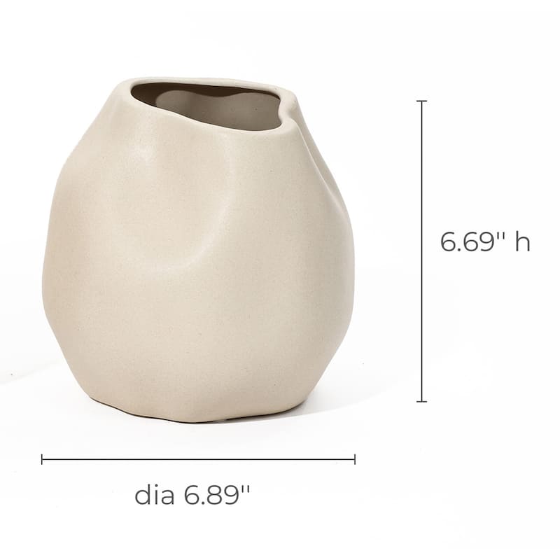 Ivory Ceramic Modern Round Vase (Single) - 6.69" H x 6.89" W x 6.89" D