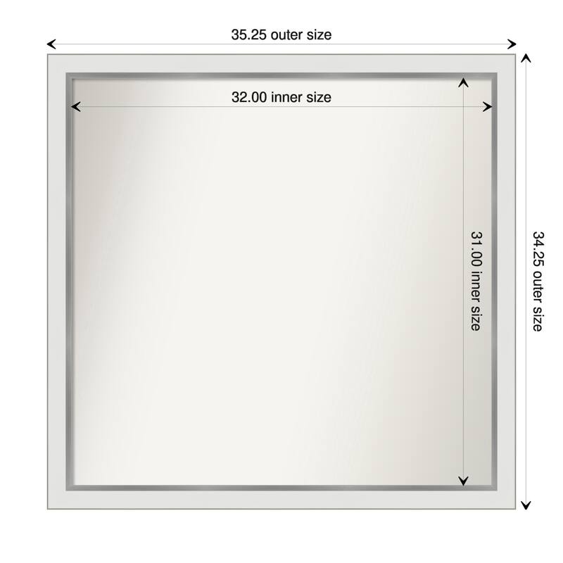 Eva White Silver Narrow Framed Non-Beveled Custom Wall Mirror, Bathroom Vanity Mirror - Outer Size: 35.25 x 34.25