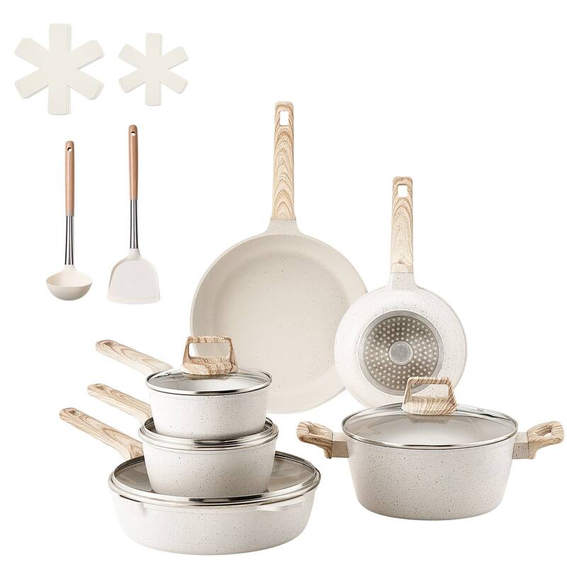 Aluminum Cookware Set with Non-Stick Pans and Lids - 6 - White