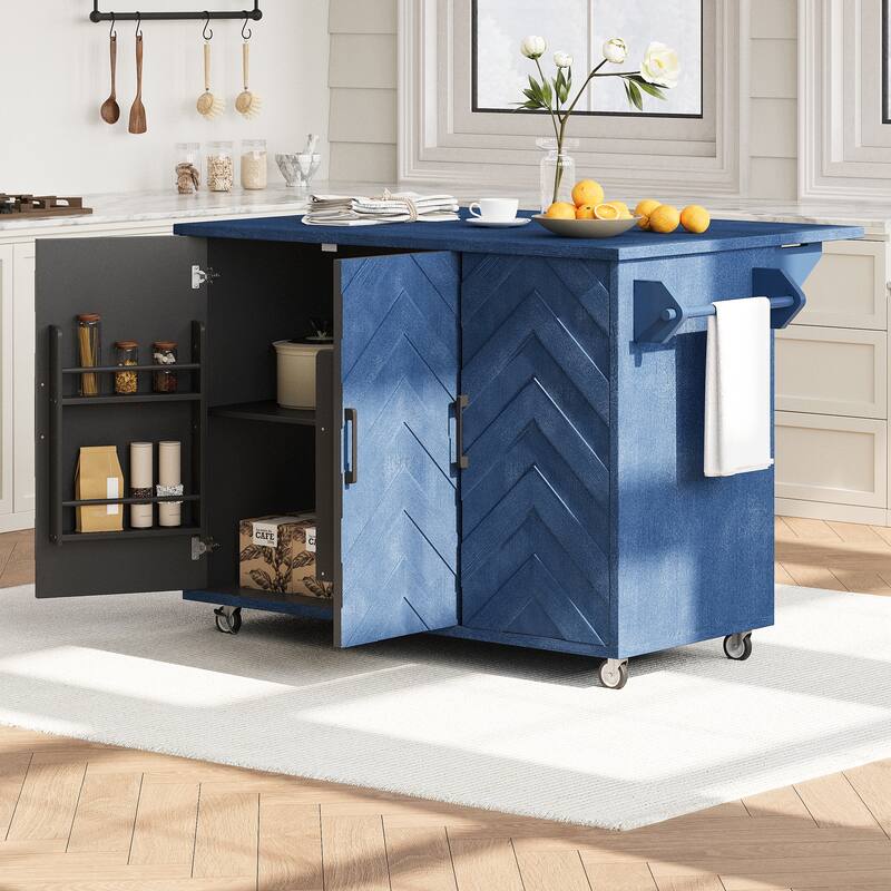 Mobile Kitchen Island on Wheels, Rolling Island Cart with Drop Leaf, Kitchen Island with Storage Rack & Adjustable Shelves