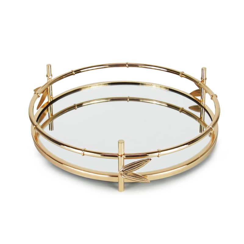 Gold Bamboo Style Round Metal Mirror Decorative Tray Serving Platter
