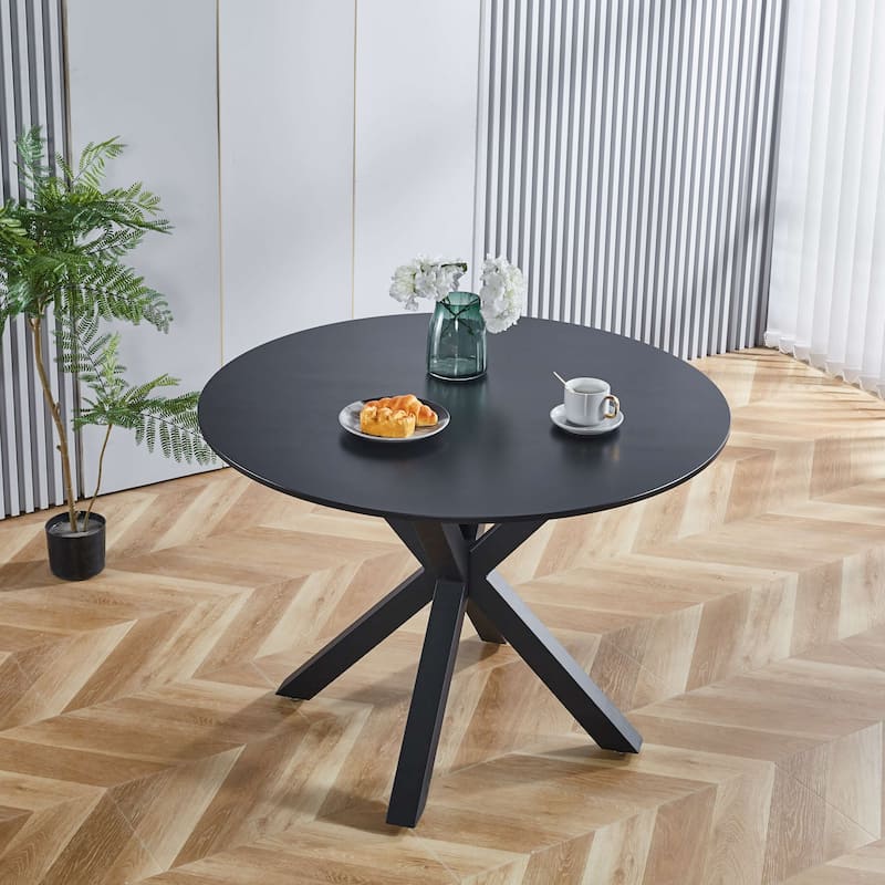 42.1"W Mid-century Round Dining Table with Metal Cross Leg and MDF Top - Black