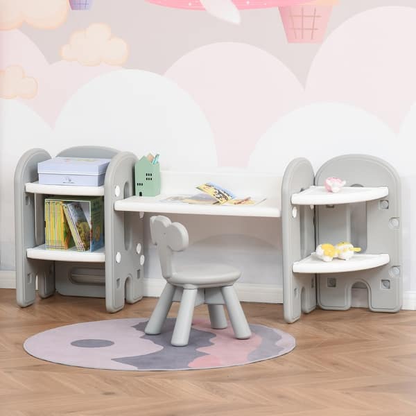 slide 2 of 27, Qaba Kids Table and Chair Set, Storage Desk with Bookshelf for Study, Crafts, and Homeschooling Grey