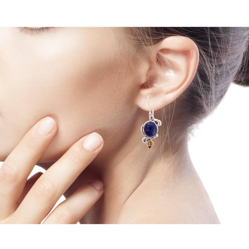 NOVICA Handmade Sterling Silver 'Royal Charm' Lapis Citrine Earrings (India) - 1.6*0.6