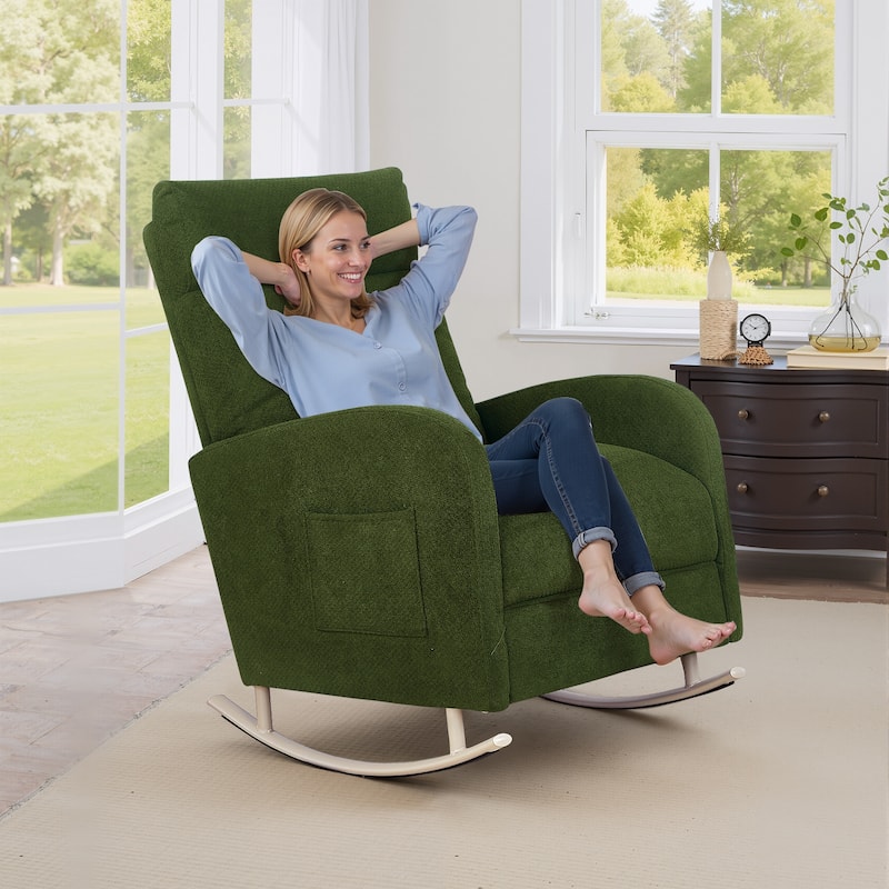 Chenille Nursery Armchair Rocking Chair Set of 1 with Metal Legs with Side Pocket for Living Room - Moss Green