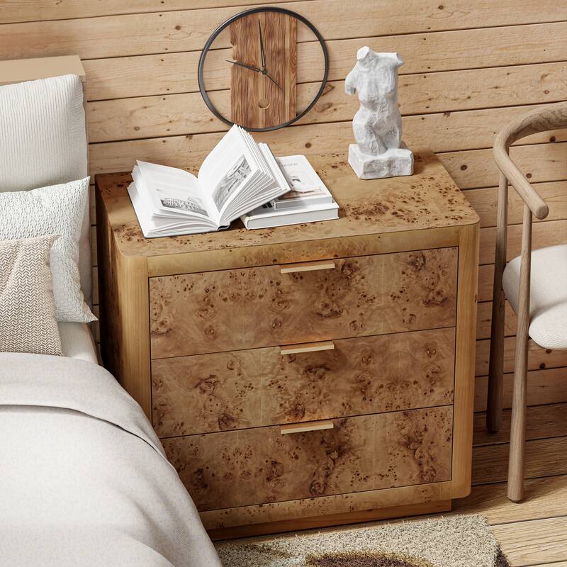 COZAYH Burl Finish Nightstand, Rustic Farmhouse Dresser, Vintage Accent Wood Storage Bedside Table, Fully Assembled - Natural - 3-drawer