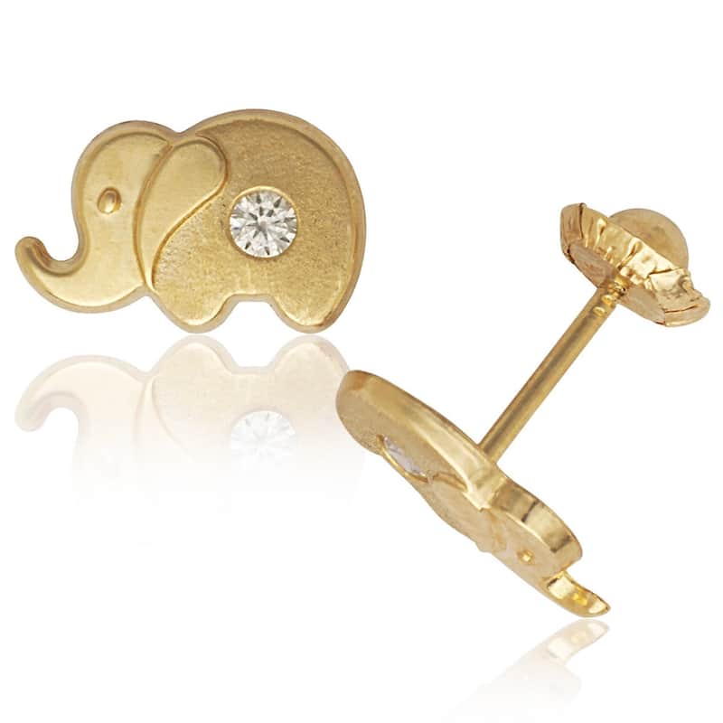 Curata 14k Yellow Gold Cubic Zirconia Elephant Screw Back Earrings - White