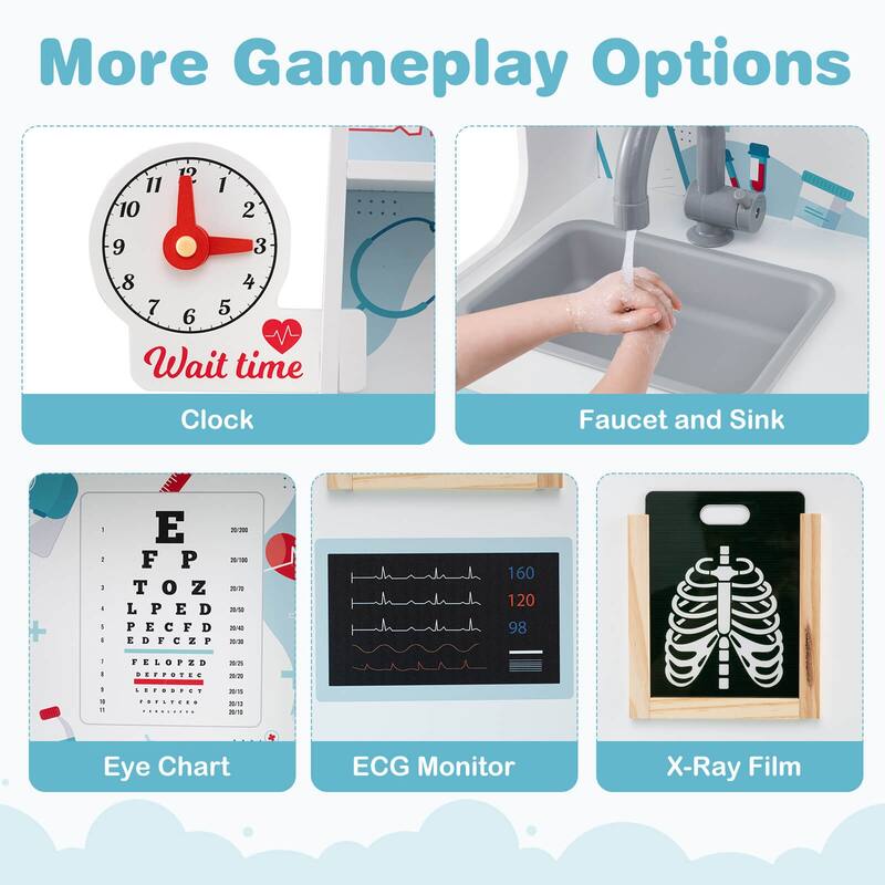 Honeyjoy Wooden Doctor Play Set with Clock Sink Eye Chart ECG Monitor - See Details