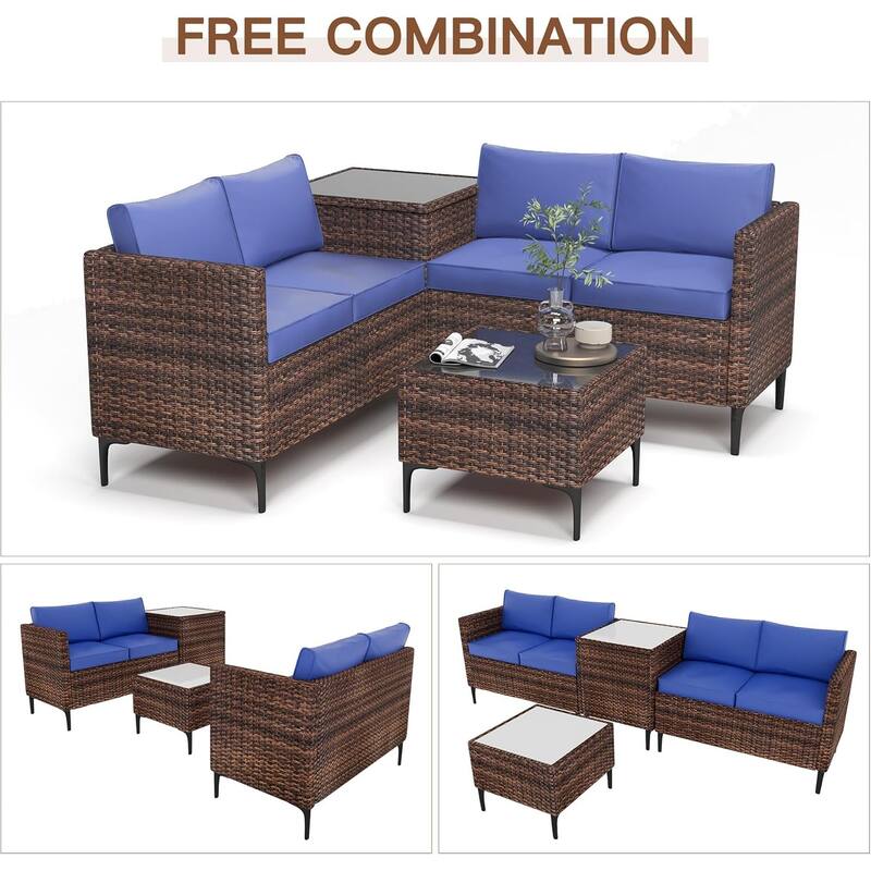 4-Piece Patio Sectional Sofa Set with Coffee Table and Storage Box