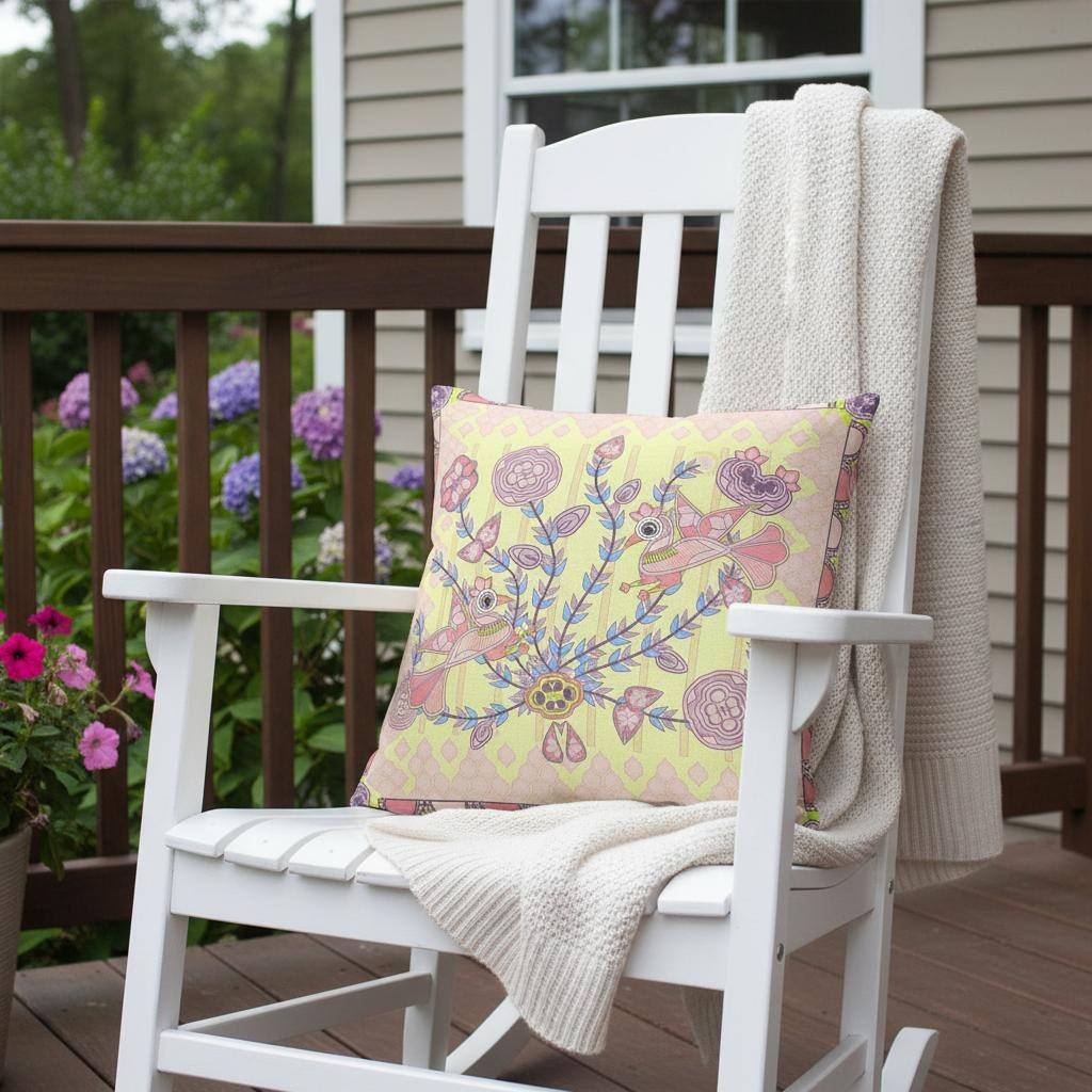 HomeRoots 20" x 20" Yellow Peacock Blown Seam Floral Indoor Outdoor Throw Pillow - 20.00' X '5.00' X '20.00