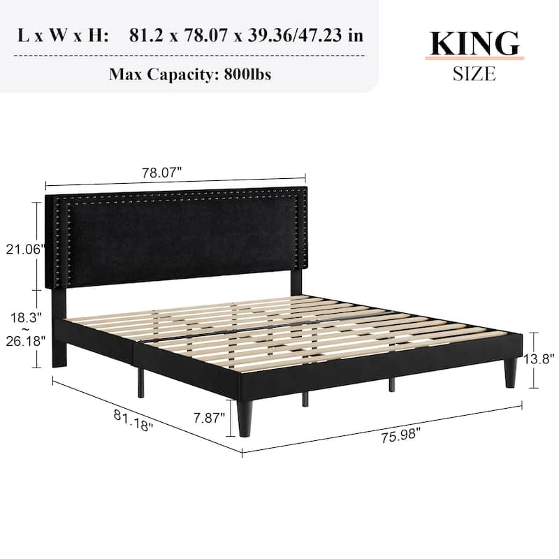 VECELO Upholstered Bed Frames with Height Adjustable Headboard