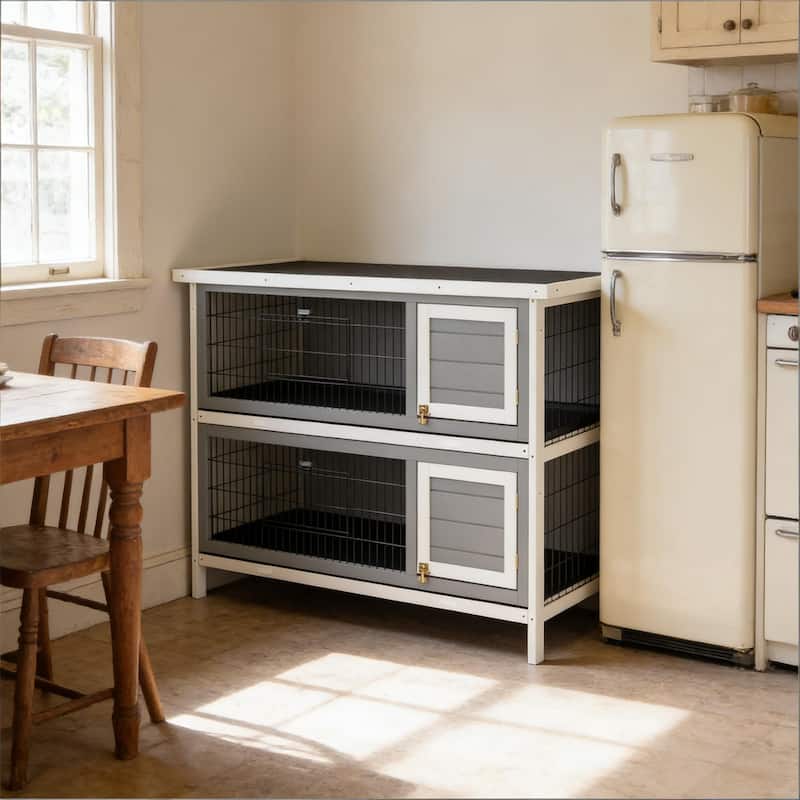 Pet House,2-Story Large Rabbit Hutch is designed for convenient cleaning - DARK GREY