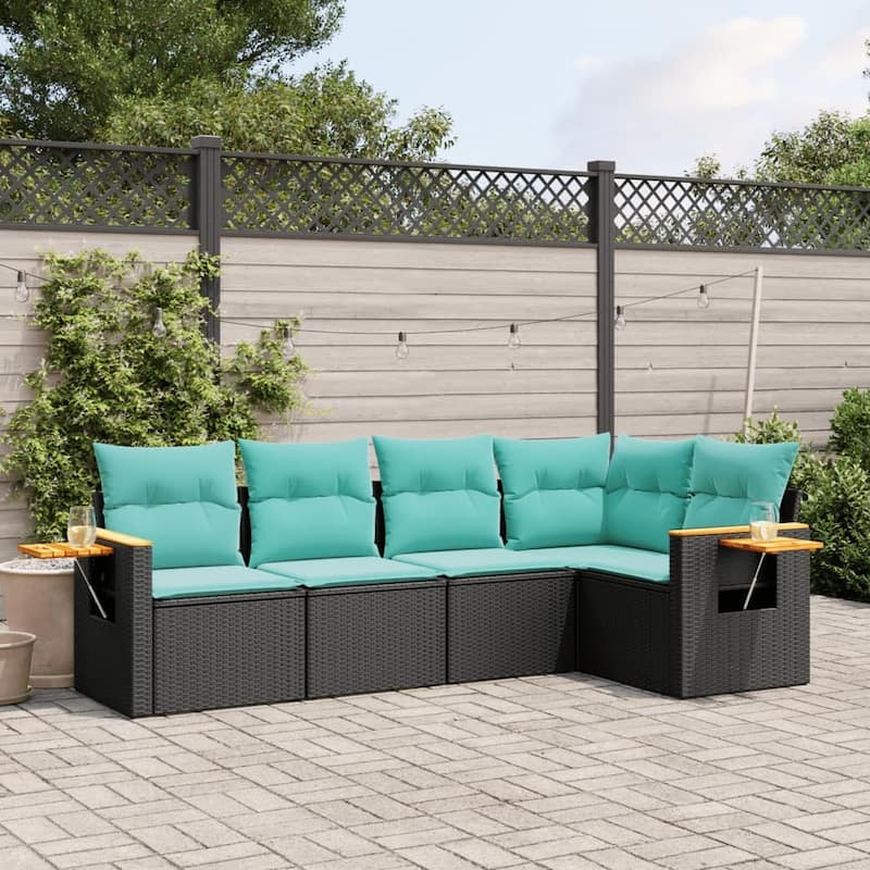 vidaXL 5 Piece Patio Sofa Set with Cushions Black Poly Rattan - 21.7x27.2x24.4-Without table