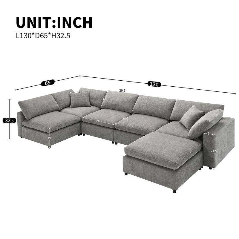 130" Chenille Modular Cloud Sofa with Ottoman, U-Shaped 6-Seater, 330lb Capacity