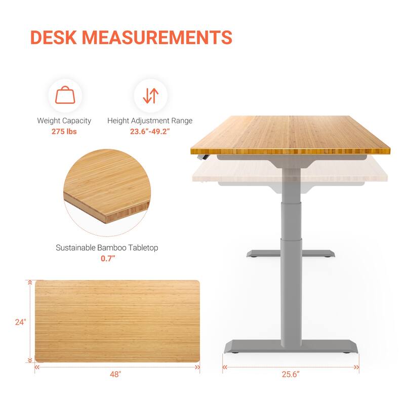 FLEXISPOT Home Office Height Adjustable Standing Desk 3-Stage Dual Motor Bamboo Rectangle Desktop