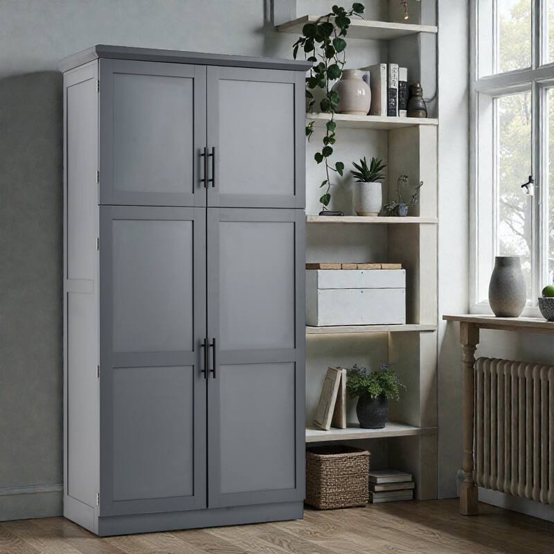 35.5 Inch Freestanding Kitchen Pantry Cabinet with 4 Doors, 8 Pull-Out Trays, Adjustable Shelves, Tall Dining Storage Organizer