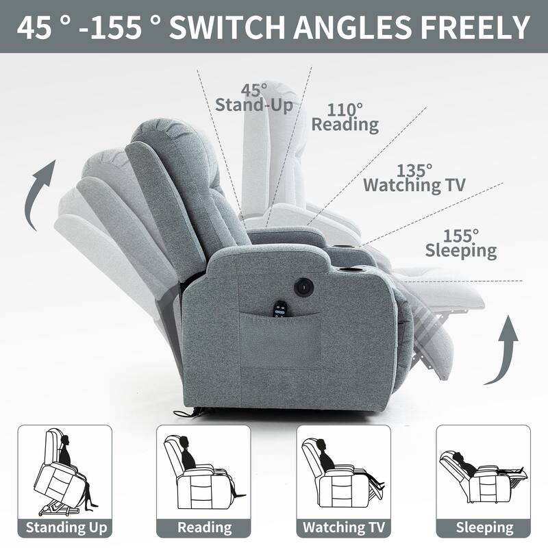 Grey Power Lift Recliner for Elderly with Massage & Heat, USB Charging Ports, Cup Holders, and Adjustable Reclining Positions