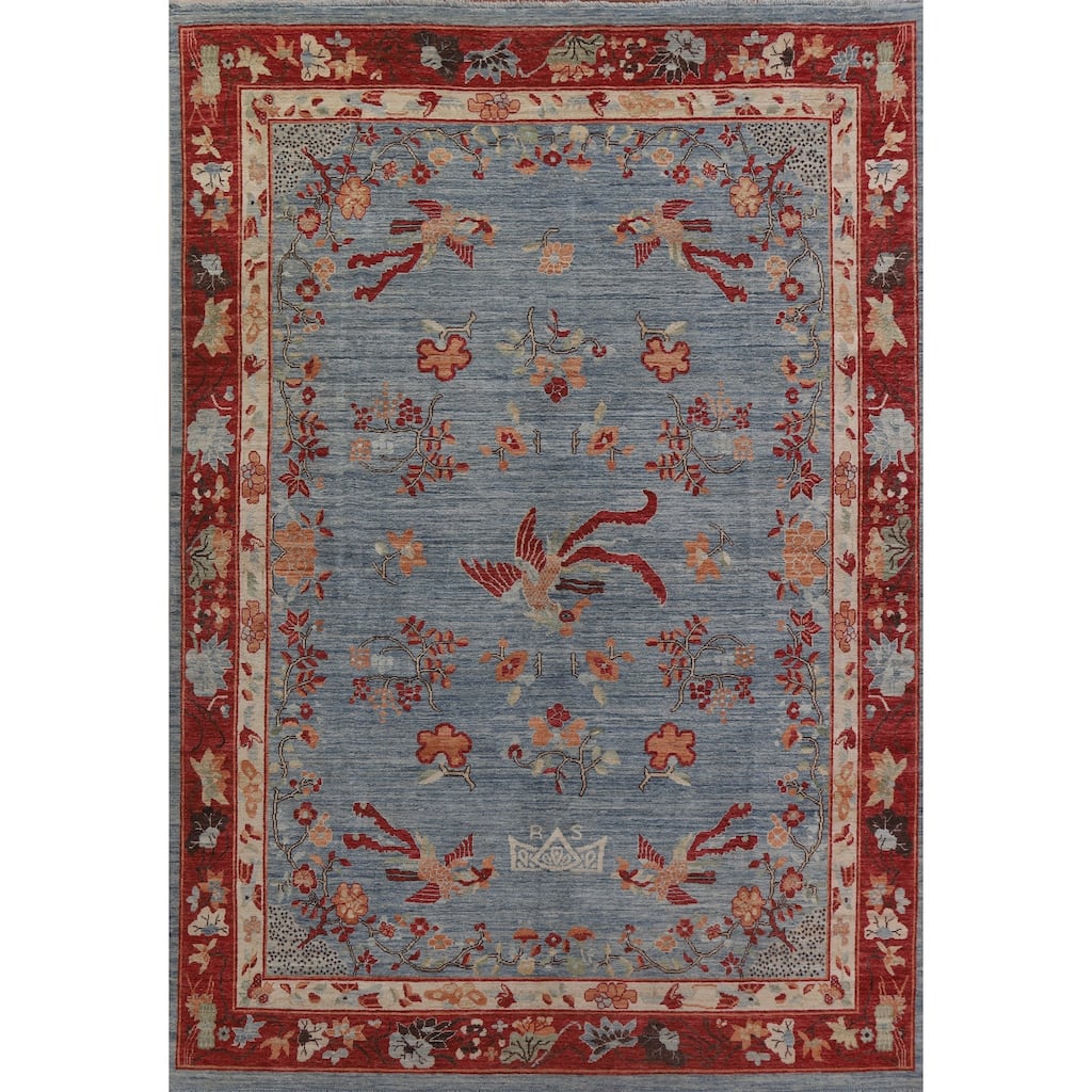 Hand Knotted Oriental 100% Wool Carpet Traditional Floral Navy Blue & Blues Art Deco Area Rug - 11' 8'' X 8' 10''