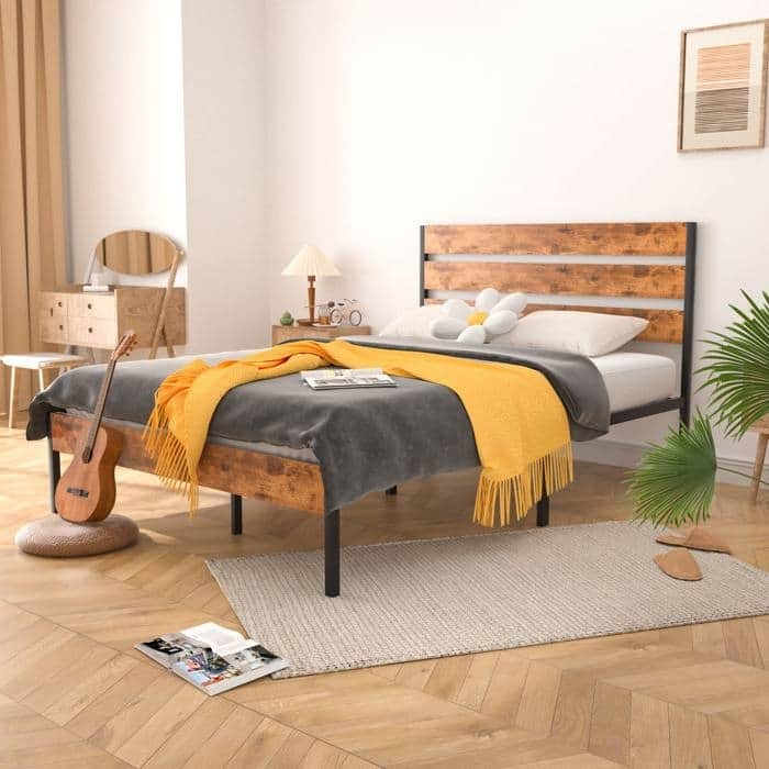 Modern Industrial Platform Bed Frame with Black Oak Headboard