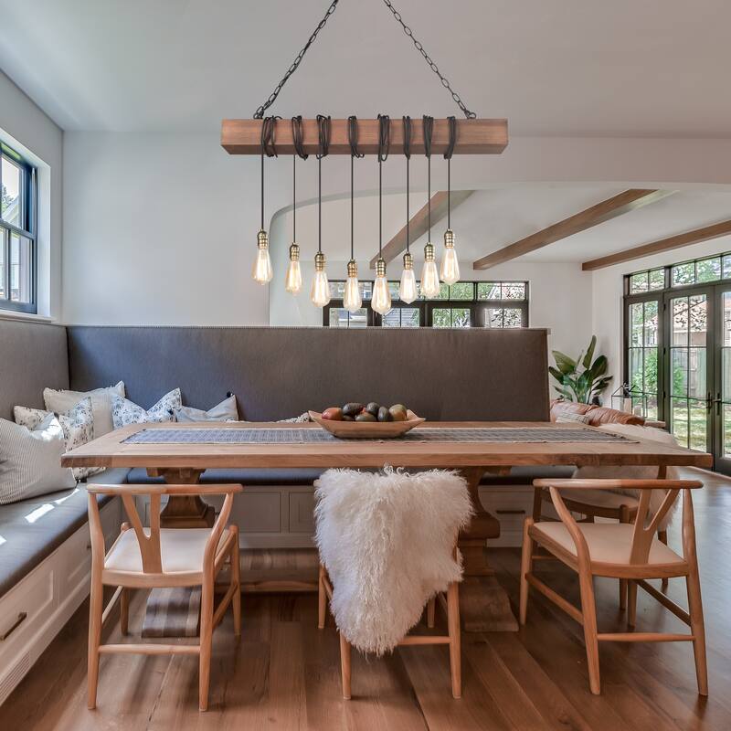 Modern Farmhouse 8-Light Wood Chandelier Linear Island Lights for Dining Room - L 37.5'' x W 5.5'' x H 59''