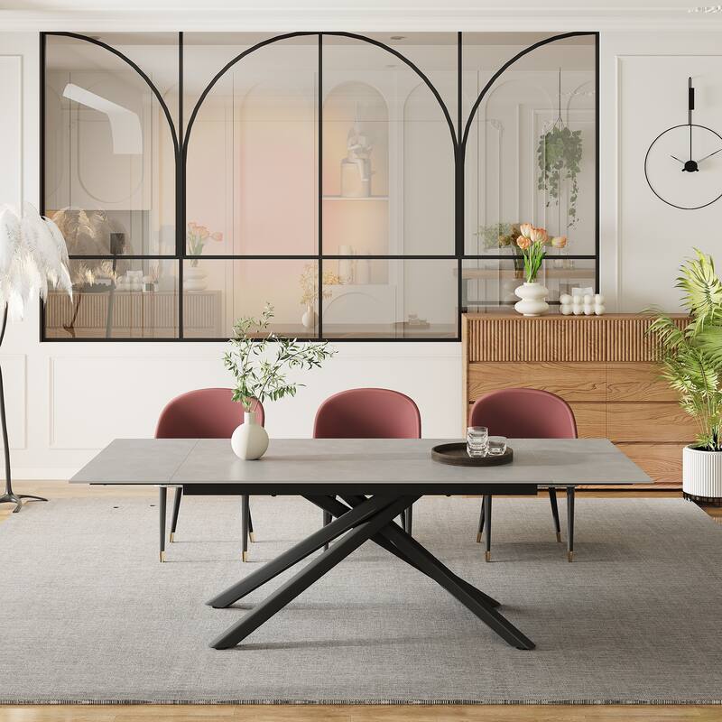 9 - Piece Extendable Rectangular Sintered Stone Cross Legs Dining Set With 8 Chairs For Home or Villa - Red&Grey Chair