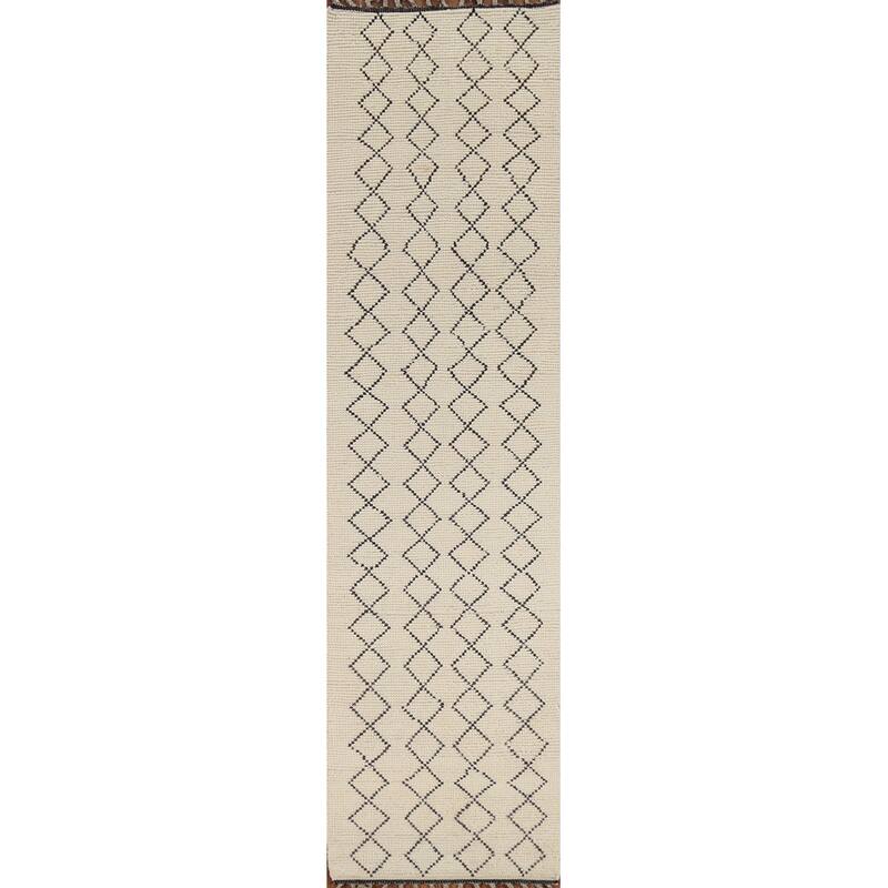 Ivory Trellis Moroccan Modern Runner Rug Handmade Wool Carpet - 2'5"x 12'7"