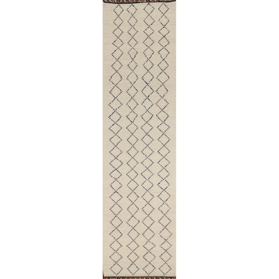 Ivory Trellis Moroccan Modern Runner Rug Handmade Wool Carpet - 2'5"x 12'7"