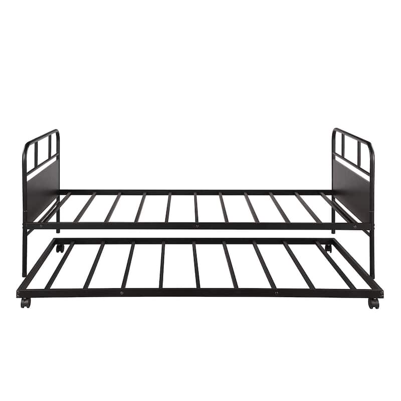 Twin Size Metal Daybed Platform Bed Frame with Pull-Out Trundle and Built-in Casters