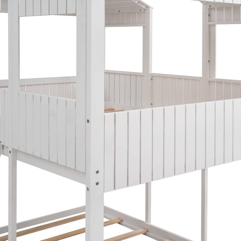 Full Over Full Pine House Bunk Bed with Roof and Ladder