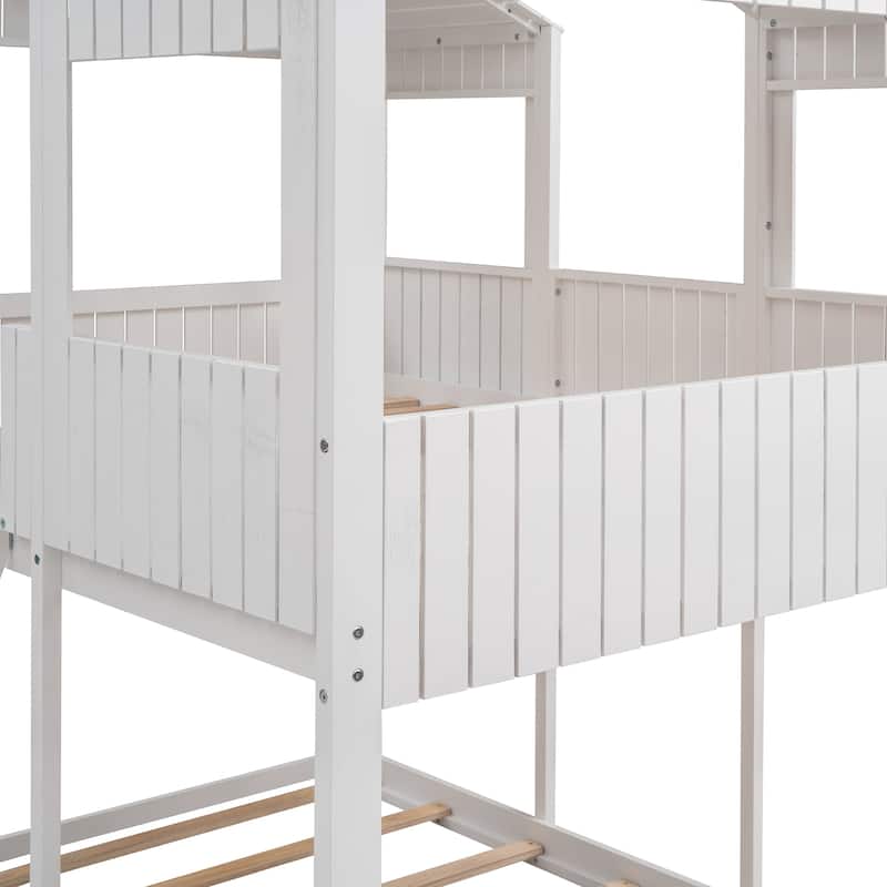 Full Over Full WoodBunk Bed with Roof, Window, Guardrail, Ladder(White)