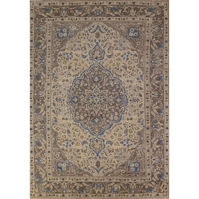 Floral Tabriz Persian Area Rug Beige Hand-Knotted Wool Carpet - 6'8"x 9'6"