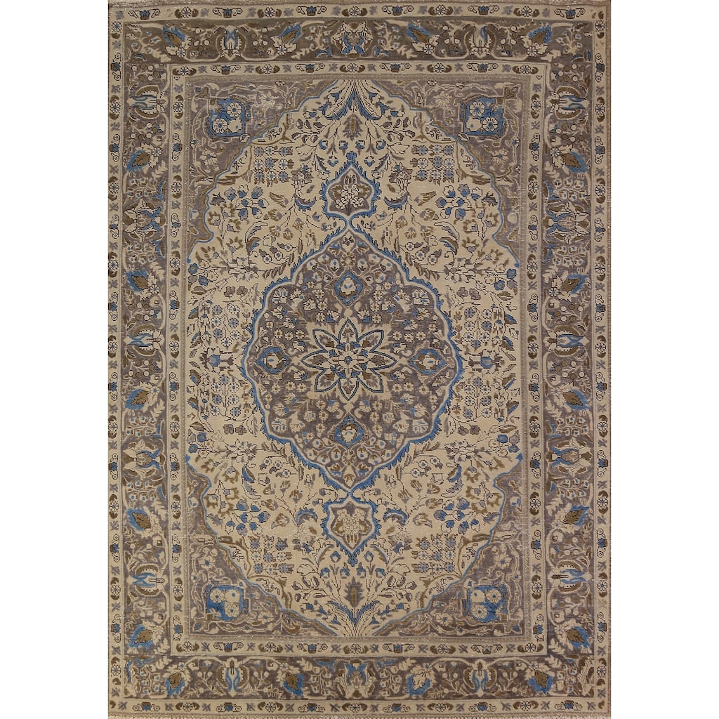 Floral Tabriz Persian Area Rug Beige Hand-Knotted Wool Carpet - 6'8"x 9'6"