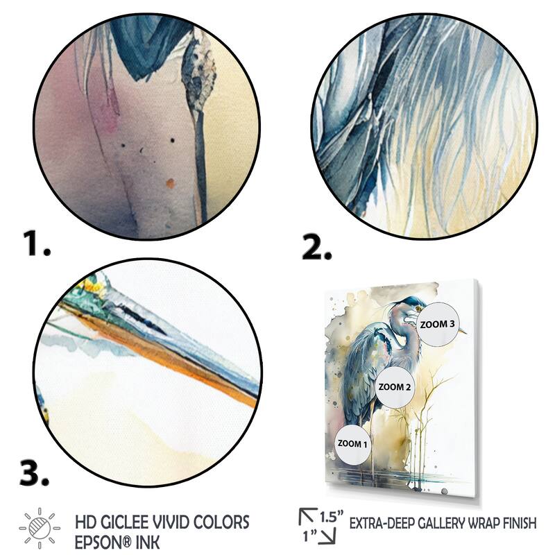 Designart "Heron By The Waterside Watercolour III" Animals Heron Canvas Art Print - 3 Panels
