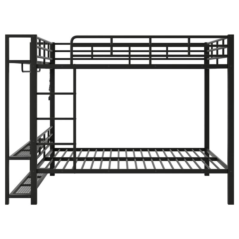 Full Size LED Bunk Bed with Storage Mesh Shelves and Clothes Hooks, Heavy Duty Metal Bunk Bed Frame, Full over Full