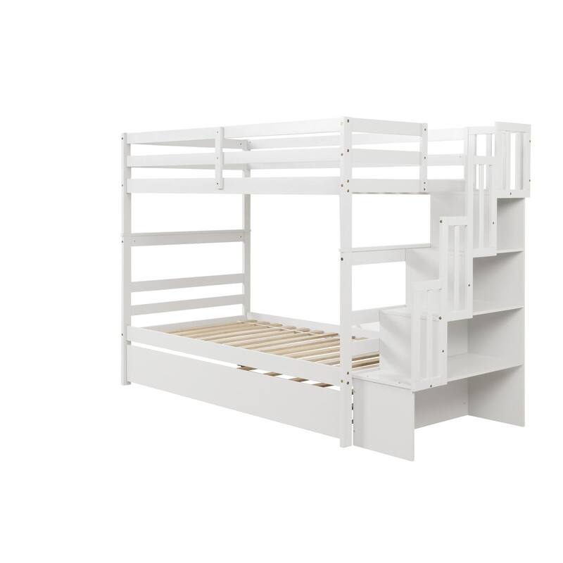 Twin over Twin Wooden Bunk Beds With Twin Trundle and Stairway Storage Function