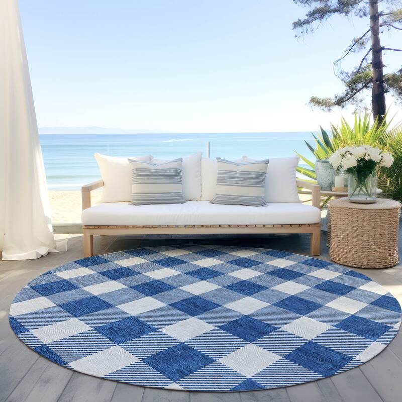 Machine Washable Indoor/ Outdoor Chantille Plaid Rug - Navy - 8' x 8'