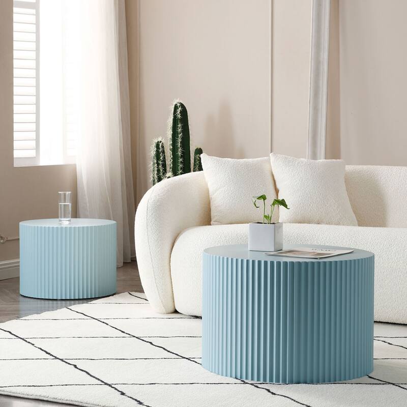 Modern Glam Relief Carving Round Accent Nesting Side Fluted Coffee Tables Set (2 Pack) No Assembled