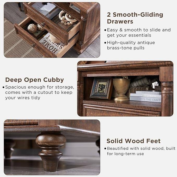 Farmhouse End Table, Sofa Side Table with Charging Station, Nightstand