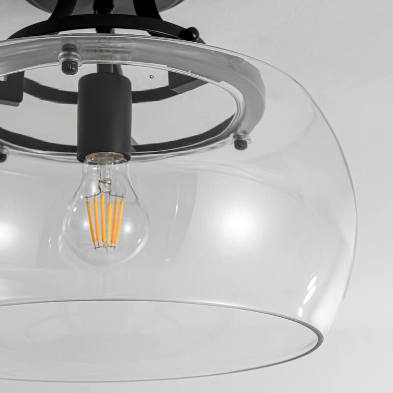 1-Light 13.8" W Modern Schoolhouse Matte Black Semi-Flush Mount Ceiling Light with Clear Dome Glass Shade for Bedroom