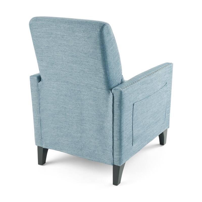 Davy Pushback Recliner Chair, Nailhead Trim, Birch Wood, Blue Fabric