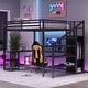 preview thumbnail 13 of 18, Black Metal Loft Bed Frame with Staircase Built-in Wardrobe, Light Strip, Underbed L Shaped Desk, Shelves and Charging Station