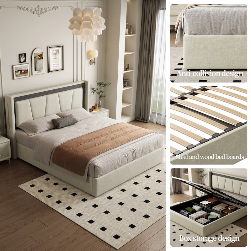 Modern Style Queen Size Cotton and Linen Fabric Storage Bed for Bedroom