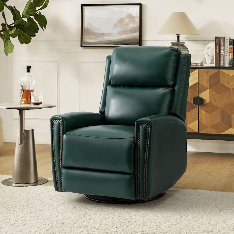 Fiacro 30.31"Wide Mid-Century Modern Genuine Leather Wingback Swivel Rocker Recliner with Nailhead Trims