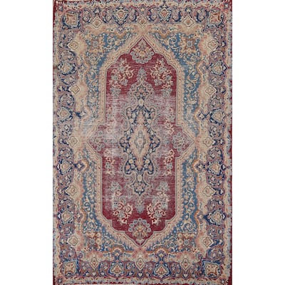 Distressed Geometric Kerman Persian Vintage Rug Handmade Wool Carpet - 6'6" x 9'10"