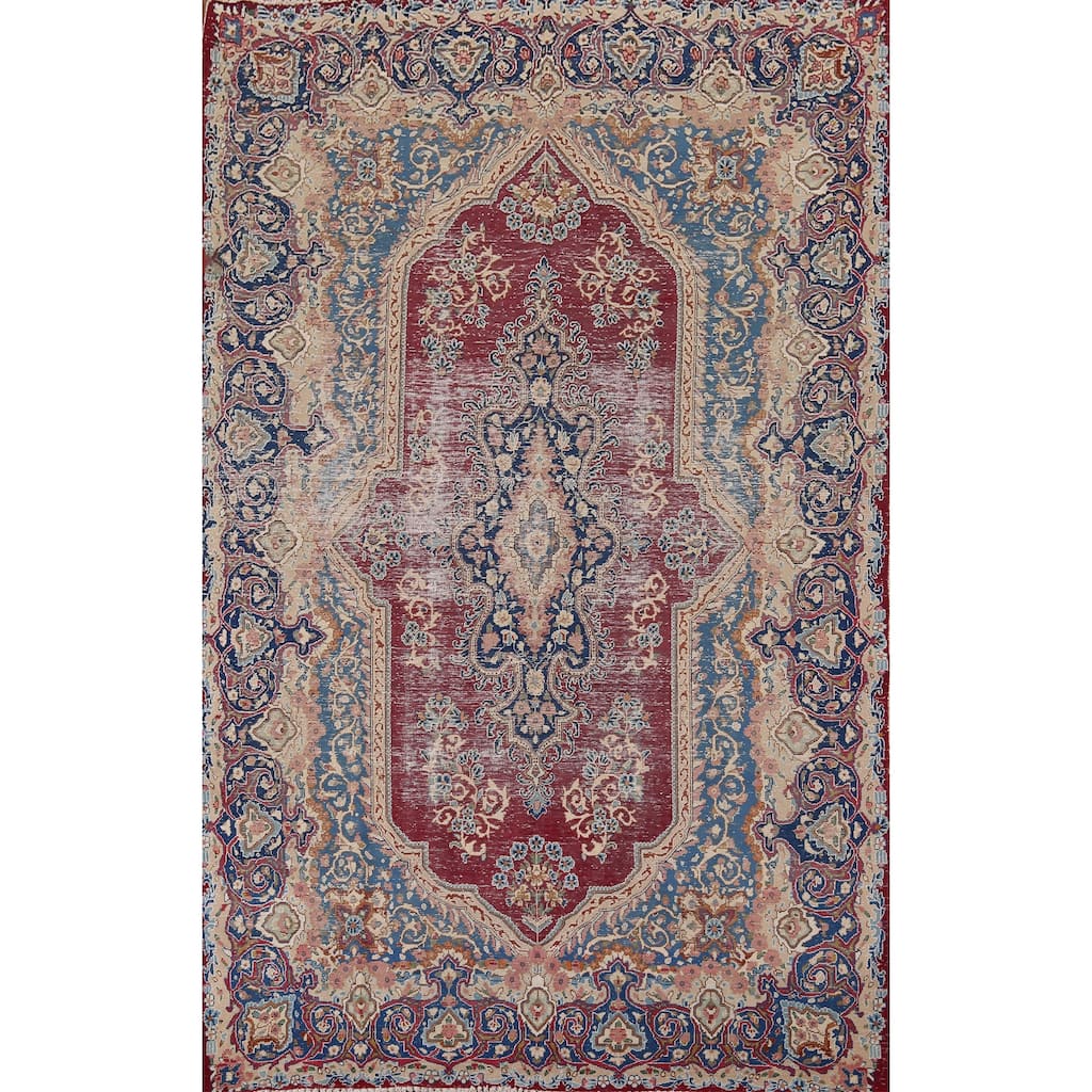 Distressed Geometric Kerman Persian Vintage Rug Handmade Wool Carpet - 6'6" x 9'10"