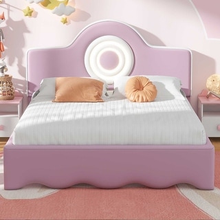 Twin/Full Size Upholstered Platform Bed with LED Headboard, Cute Kids Bed Frame Pink Floor Bed