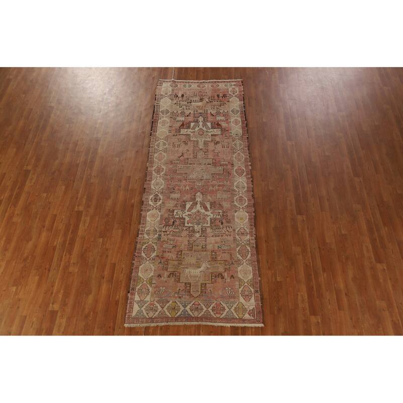 Hand Woven Oriental 100% Wool Carpet Traditional Tribal Pink Sumak Runner Rug - 10' 2'' X 3' 9''